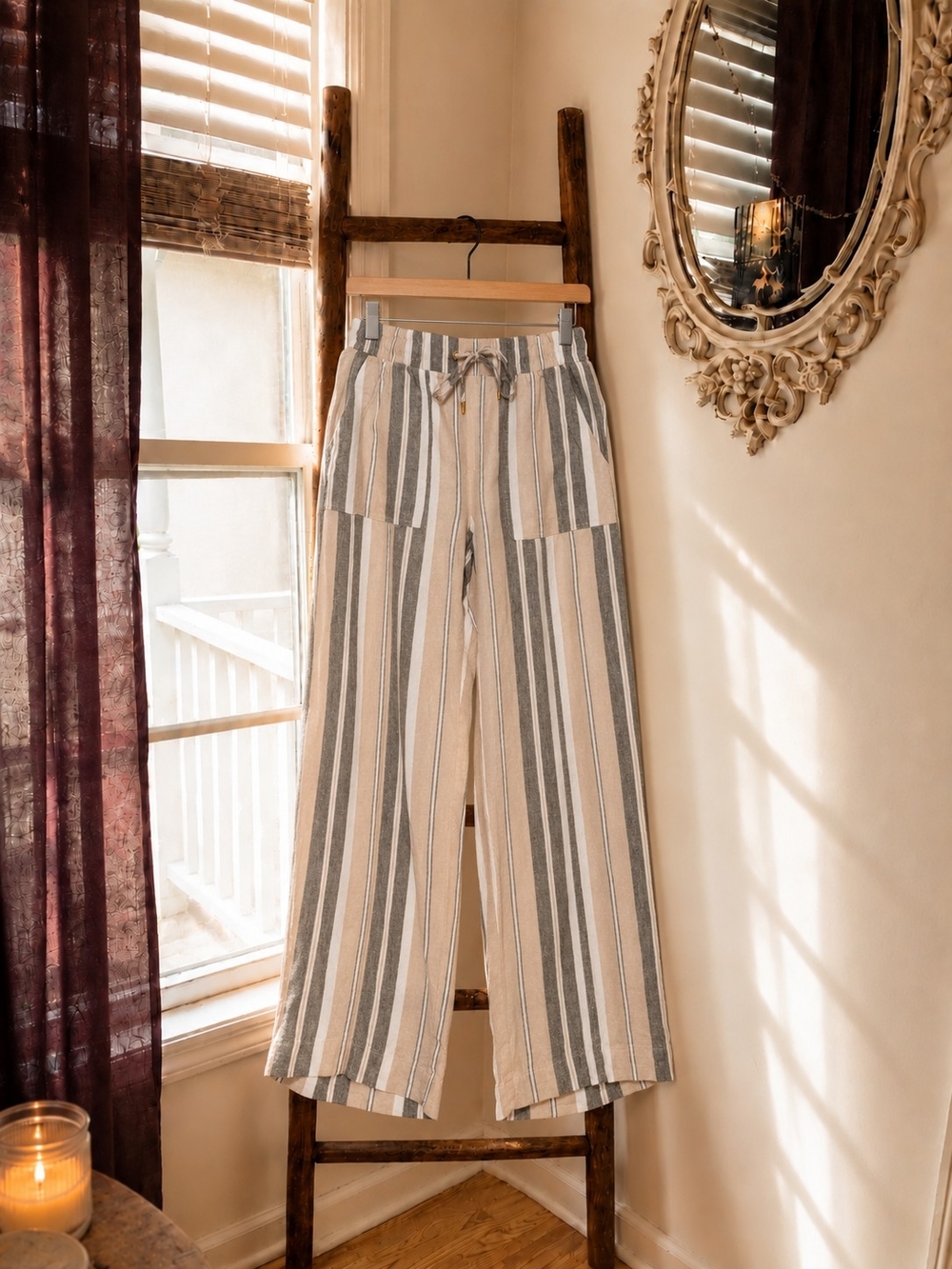 Linen Blend Striped Wide Leg Pants Drawstring